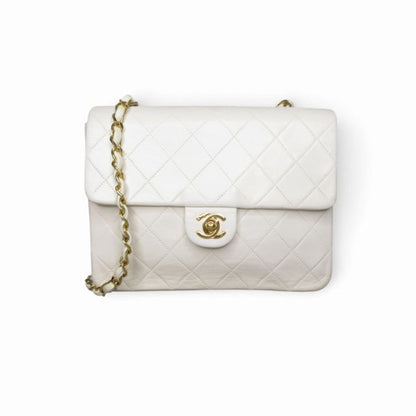 Chanel Quilted Chain Shoulder Bag Cross Lambskin White