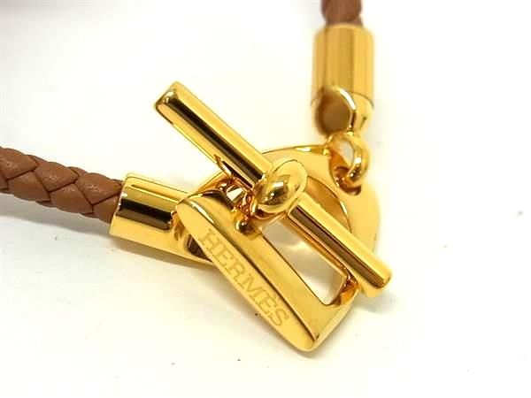 Hermes Etrier Leather Gold Bracelet Bangle Brown — view 3