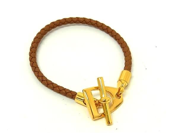 Hermes Etrier Leather Gold Bracelet Bangle Brown