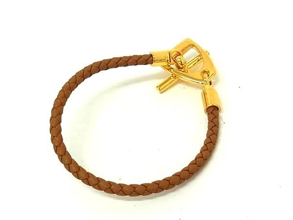 Hermes Etrier Leather Gold Bracelet Bangle Brown — view 2