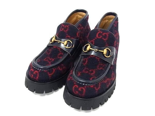 Gucci Horsebit GG Pattern Loafers Shoes Navy Red 6.5