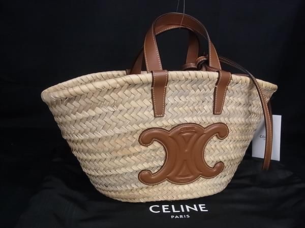 Celine Classic Panier Triomphe Raffia 2-Way Handbag Shoulder Light Beige