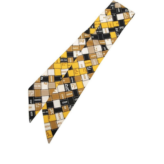 Hermes Twilly Bolduc Scarf Yellow Black Beige Silk