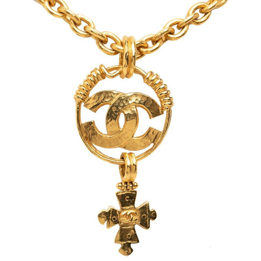 Chanel CC Logo Cross Vintage Chain Necklace 94P Gold Plated