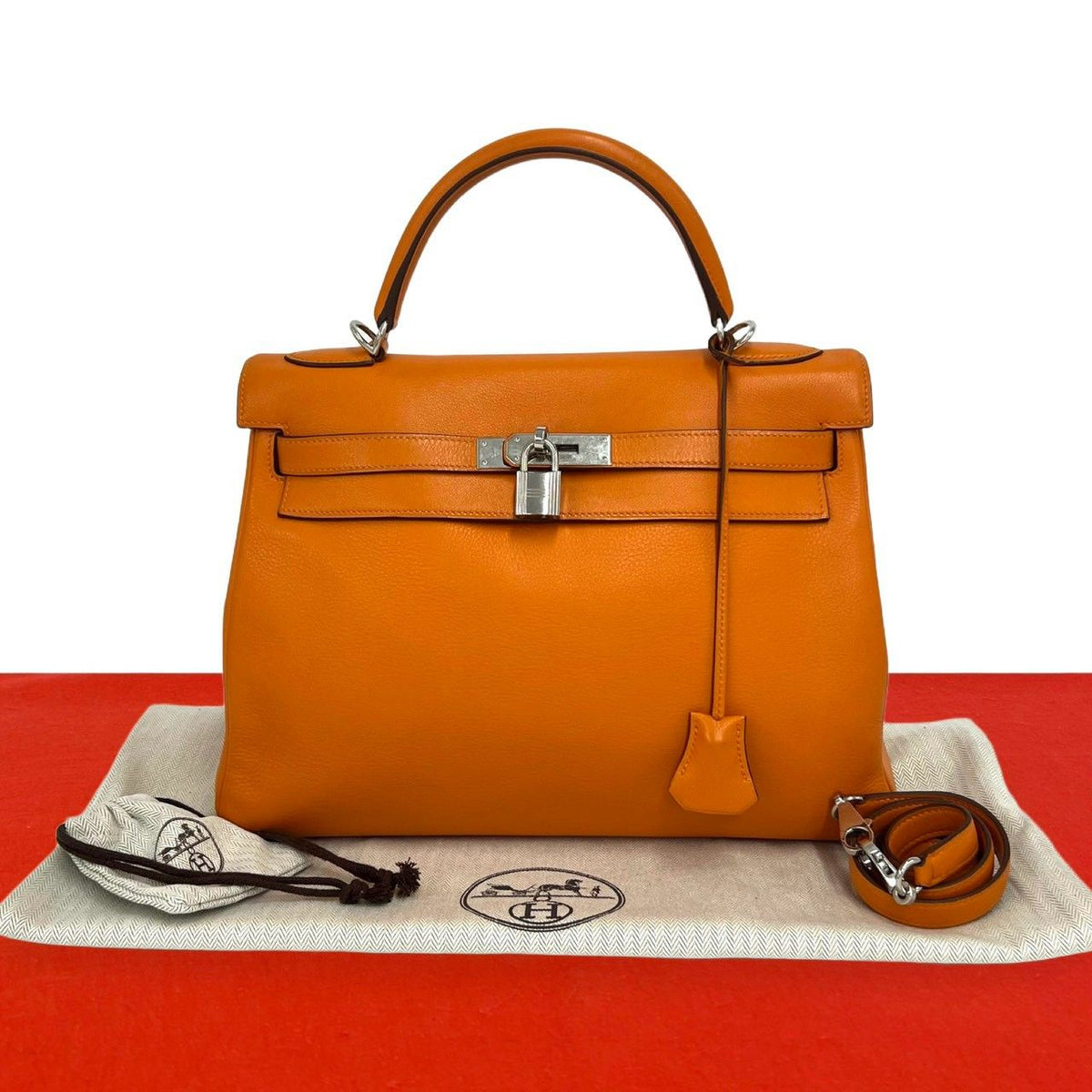 Hermes Kelly 35 Chevre Leather 2-Way Shoulder Bag Orange