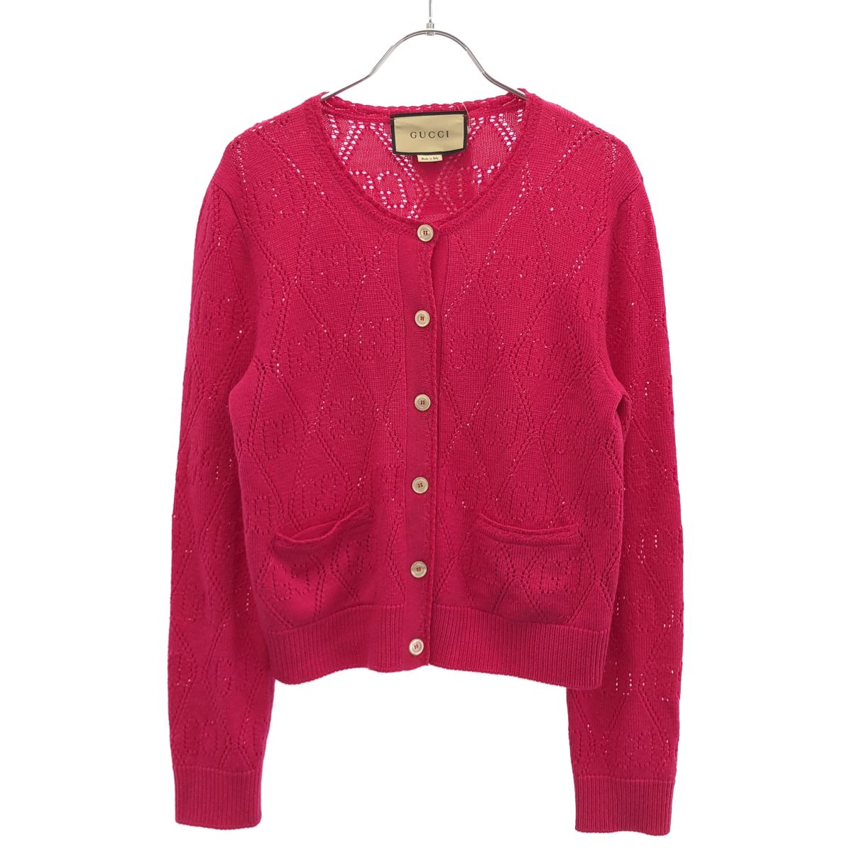 Gucci GG Perforated Crew Neck Knit Cardigan Pink
