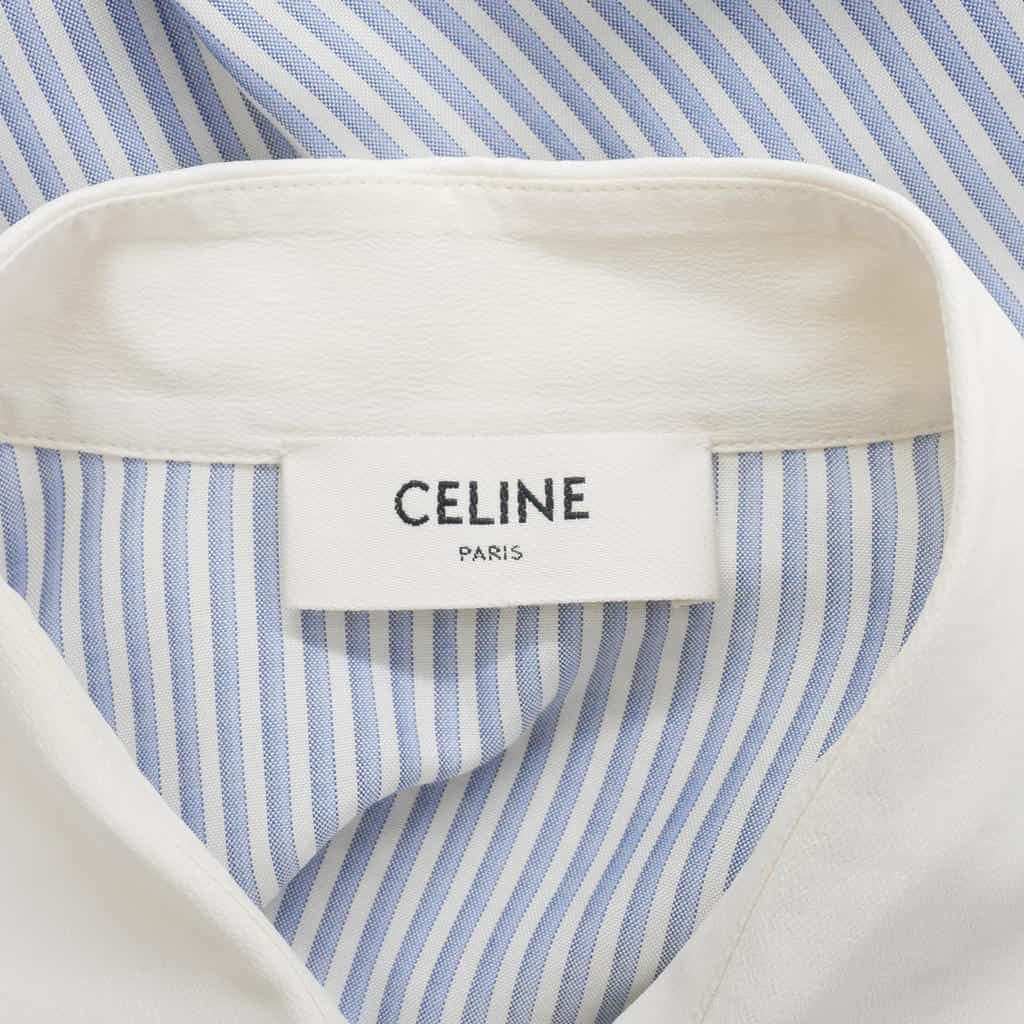 Celine Silk Triomphe Embroidery Striped Shirt Blouse Blue White 36 — view 8