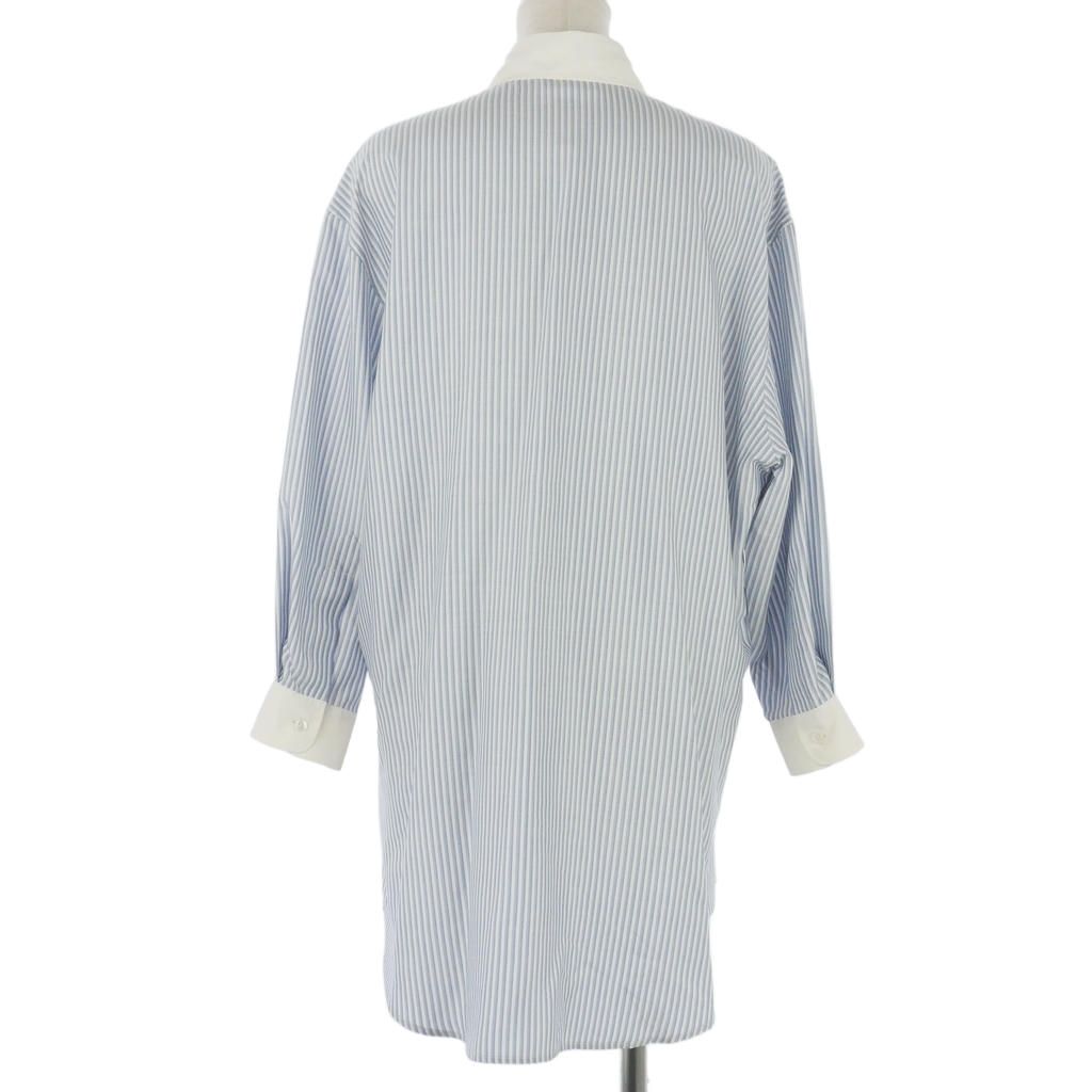 Celine Silk Triomphe Embroidery Striped Shirt Blouse Blue White 36 — view 5