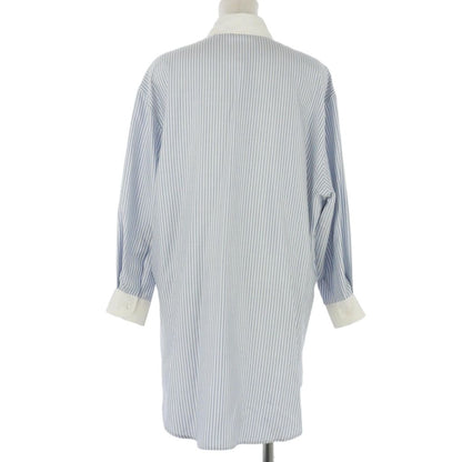 Celine Silk Triomphe Embroidery Striped Shirt Blouse Blue White 36 — view 5