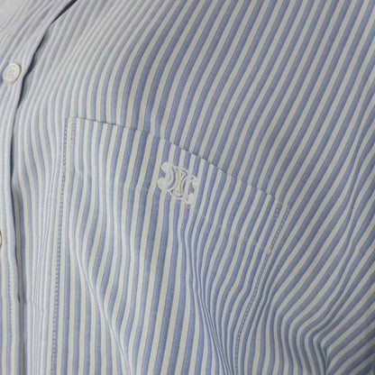 Celine Silk Triomphe Embroidery Striped Shirt Blouse Blue White 36 — view 3