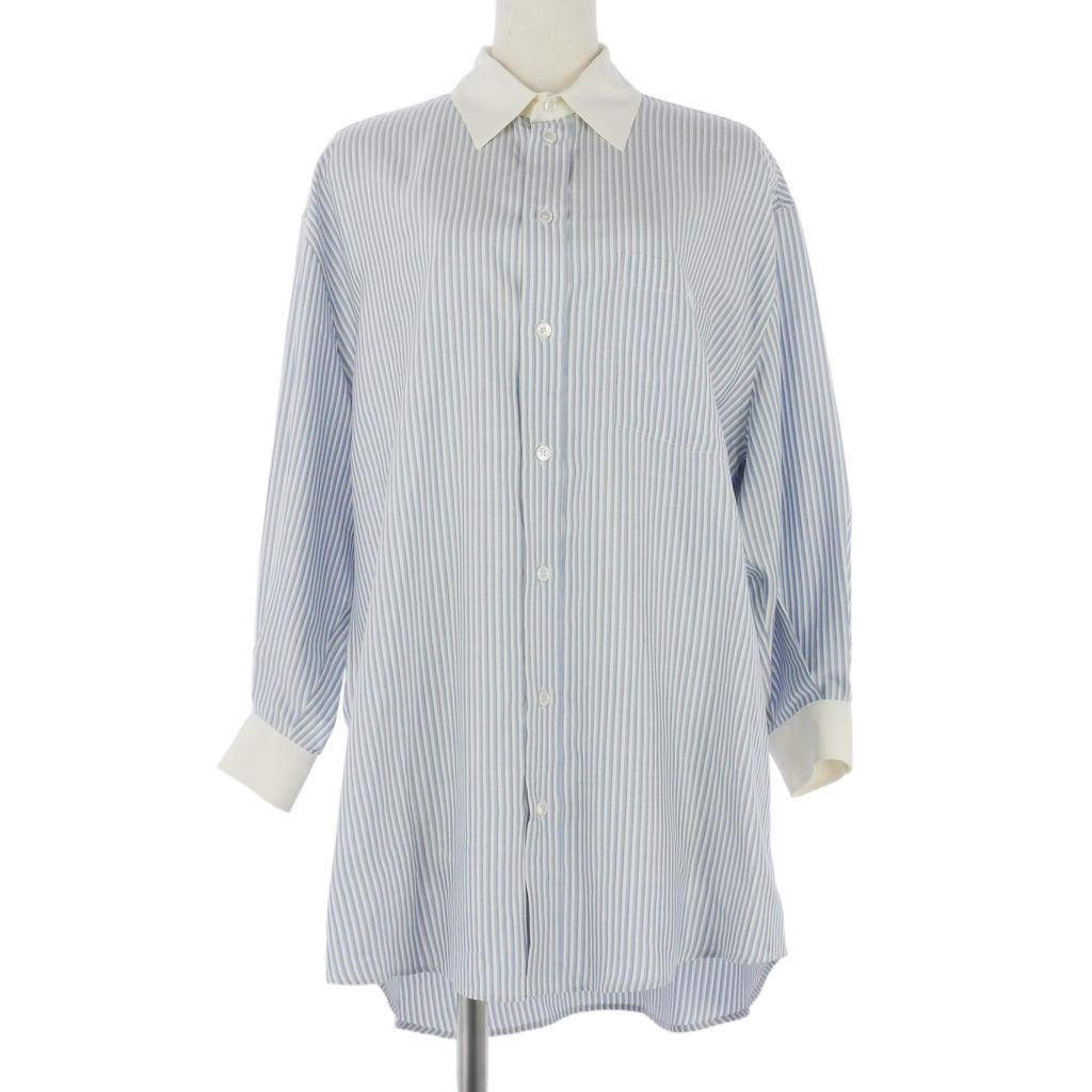 Celine Silk Triomphe Embroidery Striped Shirt Blouse Blue White 36