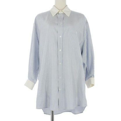 Celine Silk Triomphe Embroidery Striped Shirt Blouse Blue White 36