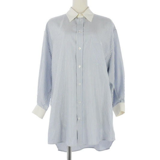 Celine Silk Triomphe Embroidery Striped Shirt Blouse Blue White 36