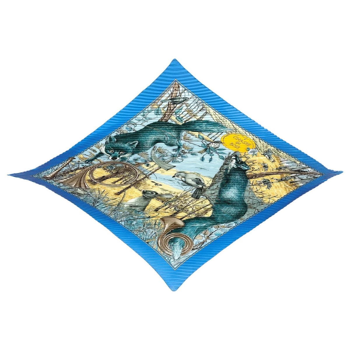 Hermes Pleats Chasse Au Bois Silk Yellow Blue Scarf