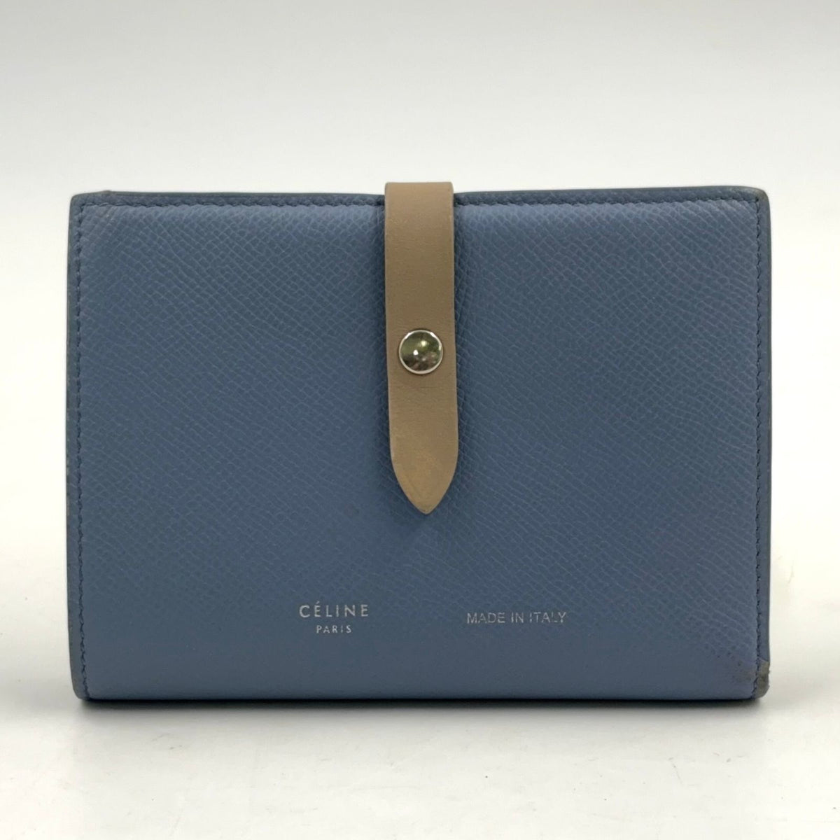 Celine Medium Strap Wallet Leather Beige Light Blue Bifold Silver
