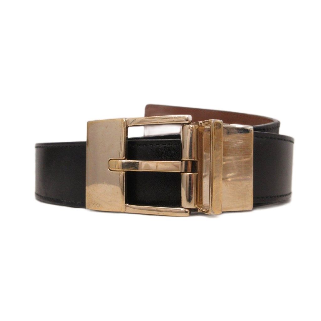 Gucci Square Buckle Leather Belt Logo Stamp Black Gold Tone