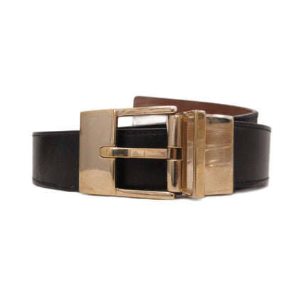 Gucci Square Buckle Leather Belt Logo Stamp Black Gold Tone