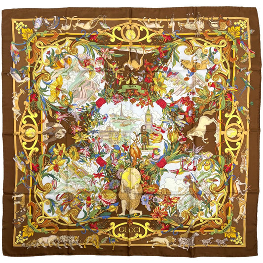 Gucci Scarf Flower Animal Print Silk Brown Multicolor