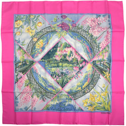 Hermes Carre 90 Giverny Scarf Garden Flower Silk Pink Multicolor
