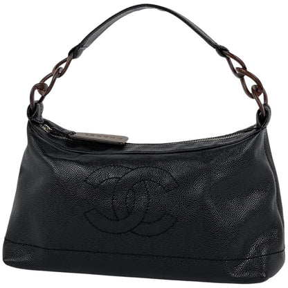 Chanel Shoulder Bag CC Logo Wood Chain Caviar Leather Black