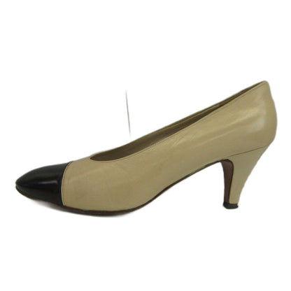 Chanel Pumps Leather Cap Toe Middle Heels Bicolor Beige Black — view 2