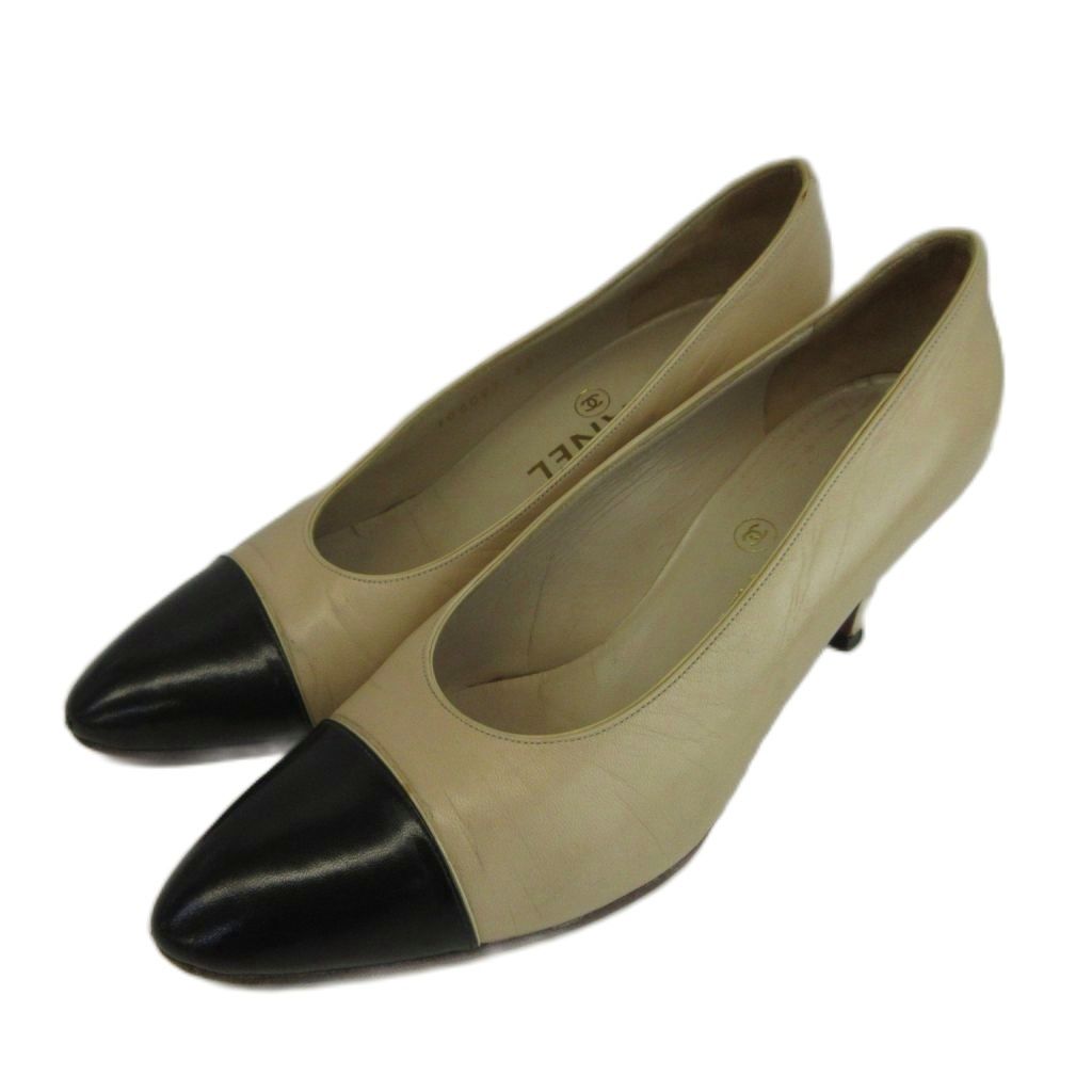 Chanel Pumps Leather Cap Toe Middle Heels Bicolor Beige Black