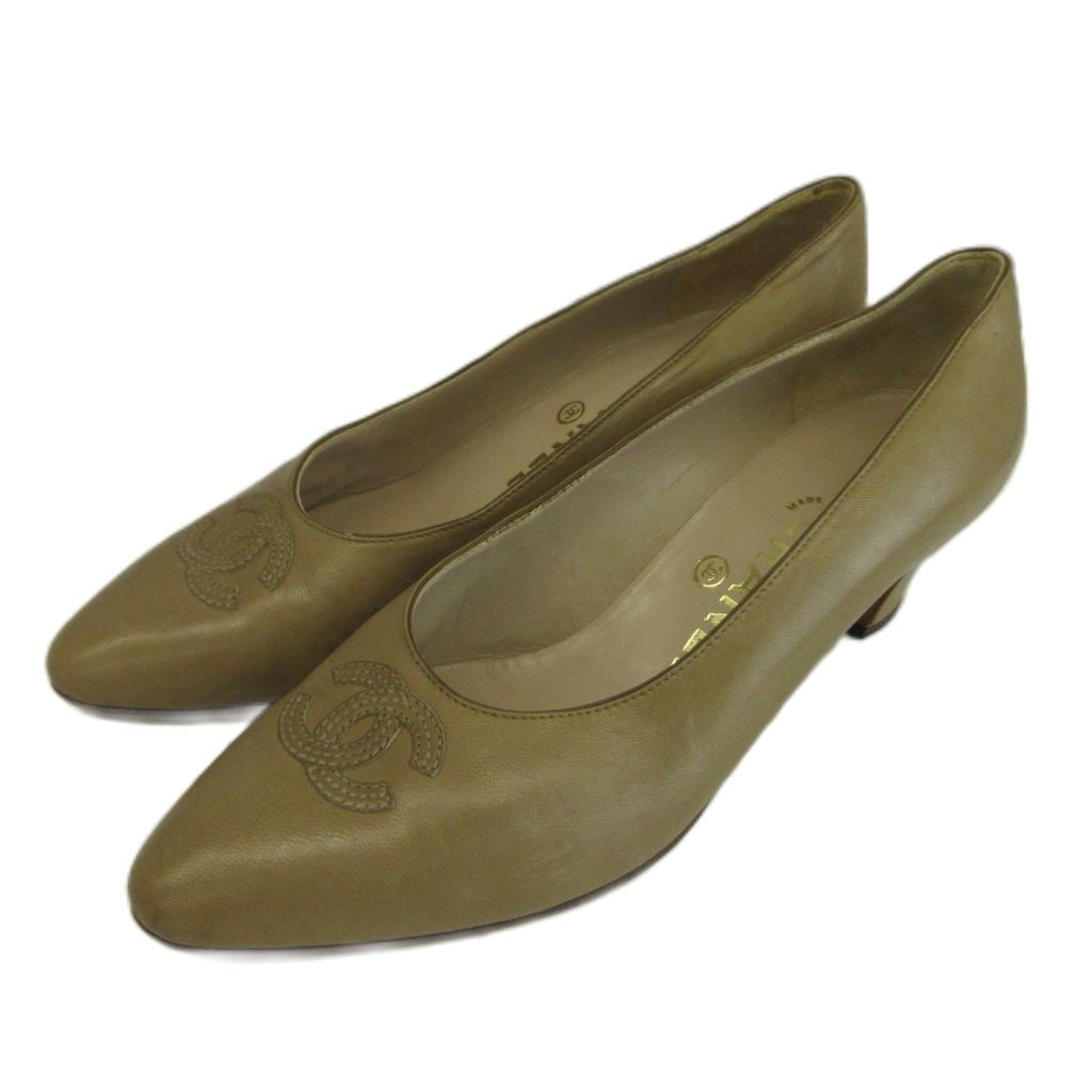 Chanel Pumps Leather Pointed Toe Middle Heels CC Logo Beige