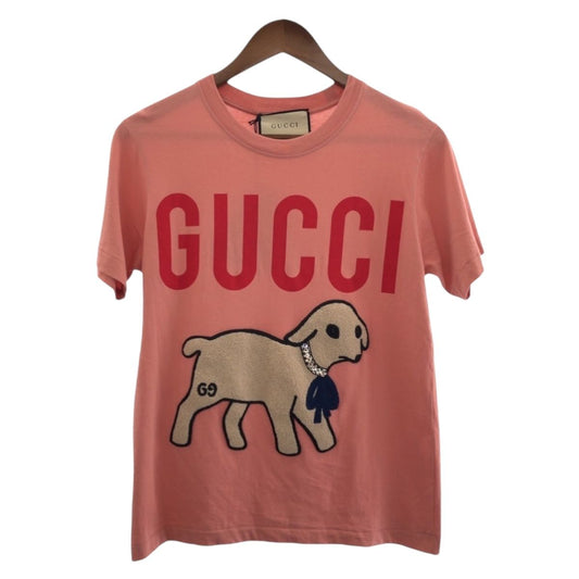 Gucci Sheep Embroidery Rhinestone Pink Cotton Jbsx Short Sleeve T-Shirt XS