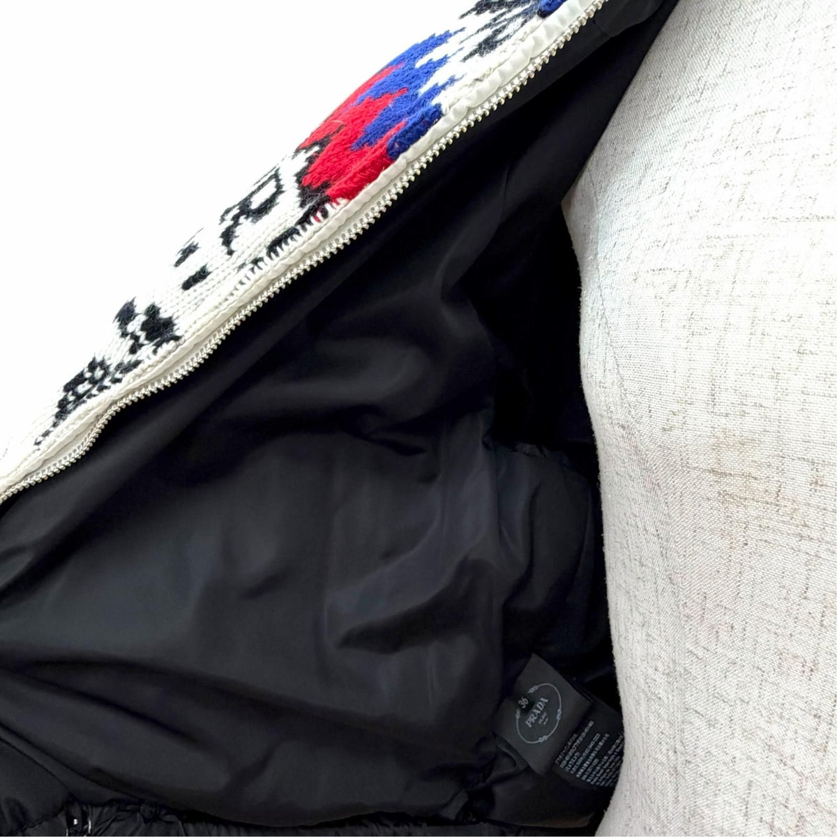 Prada Wool Cashmere Nordic Pattern Logo Hooded Down Jacket White IT 36 — view 5