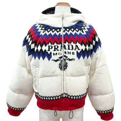 Prada Wool Cashmere Nordic Pattern Logo Hooded Down Jacket White IT 36