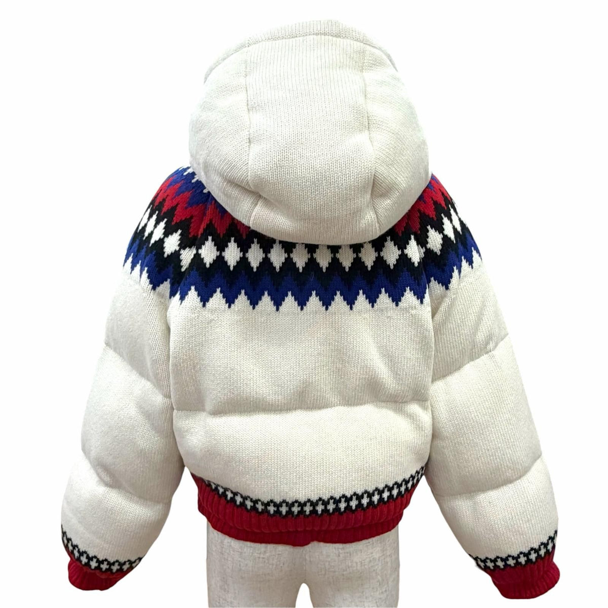 Prada Wool Cashmere Nordic Pattern Logo Hooded Down Jacket White IT 36 — view 4