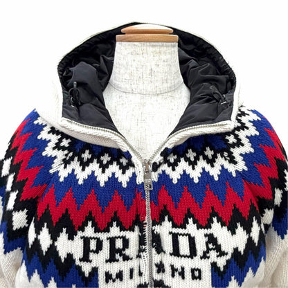 Prada Wool Cashmere Nordic Pattern Logo Hooded Down Jacket White IT 36 — view 2
