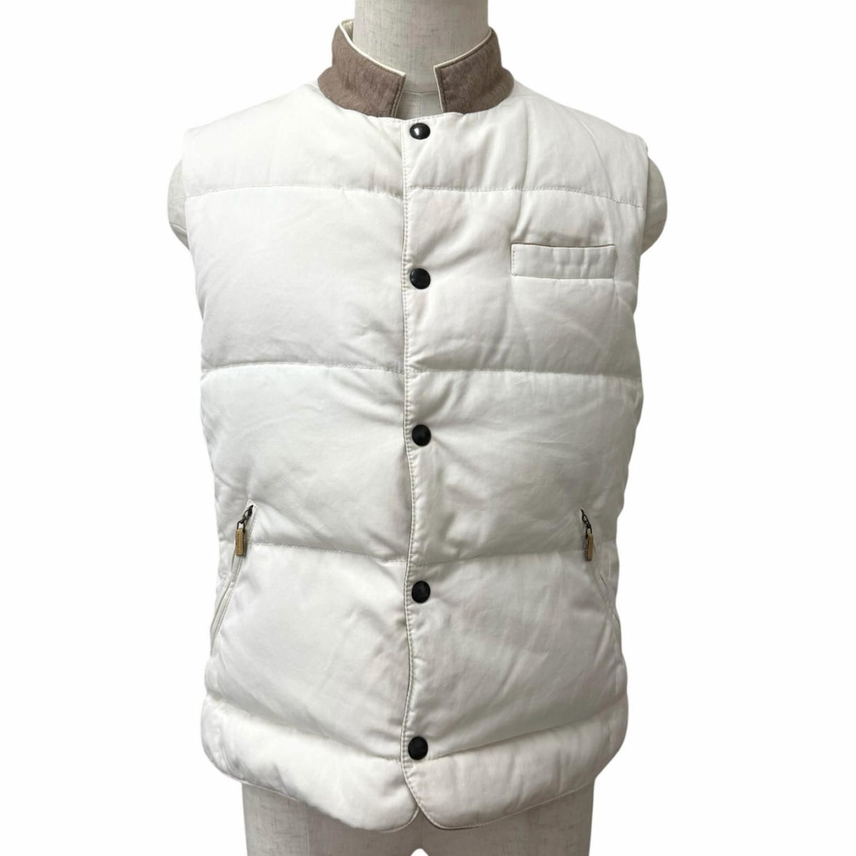 Brunello Cucinelli Wool Cotton Snap Button Down Vest Gilet White Brown 48