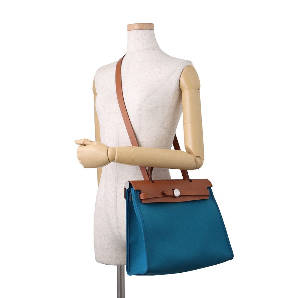 Hermes Herbag Zip PM Blue Dogalis Fauve Silver Toile Officier Vache Hunter — view 4