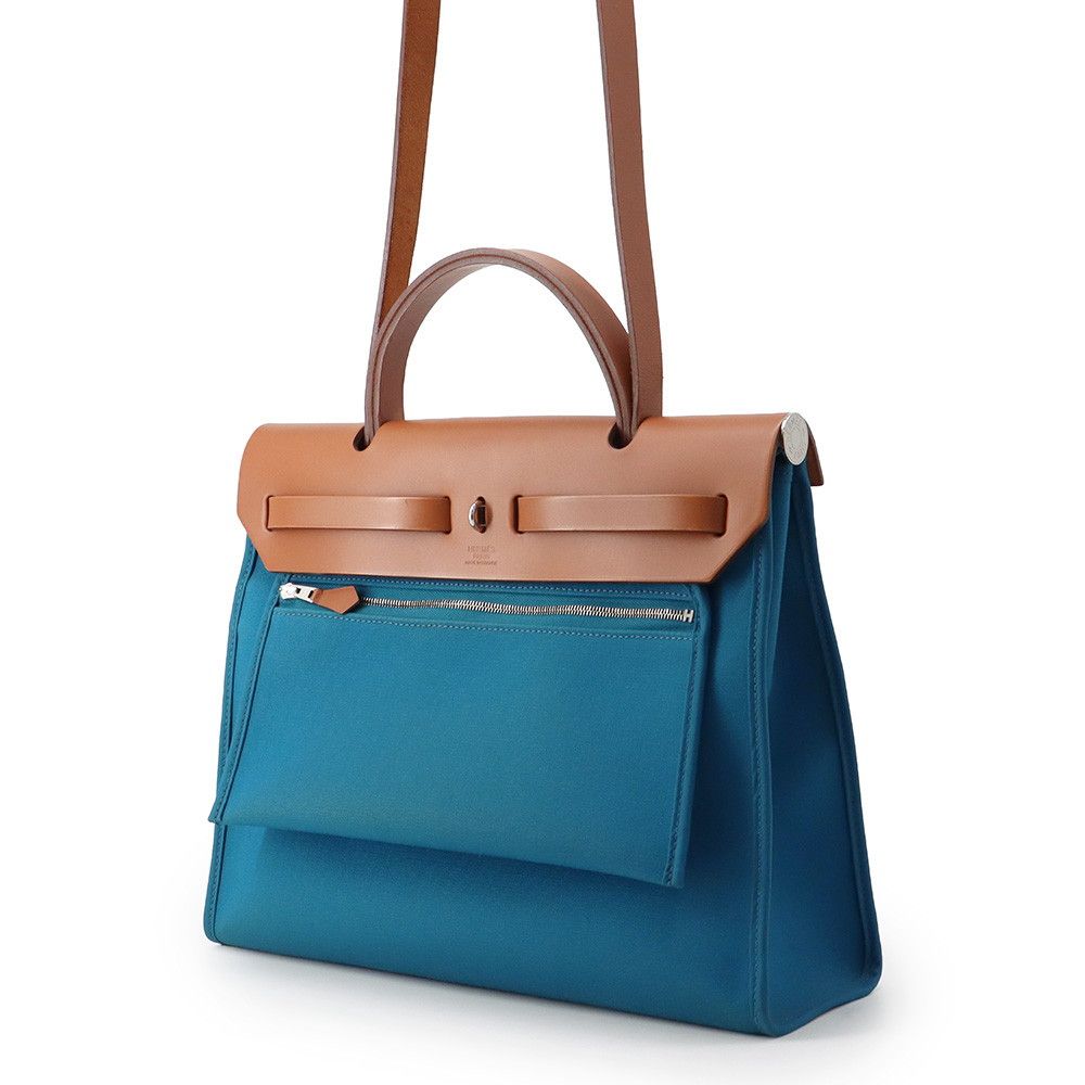 Hermes Herbag Zip PM Blue Dogalis Fauve Silver Toile Officier Vache Hunter — view 2