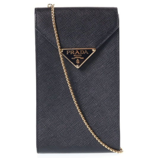Prada Saffiano Smartphone Pouch Phone Shoulder Bag Chain Black Leather Gold