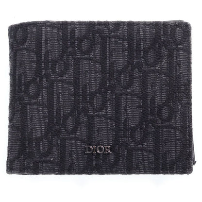 Dior Oblique Bifold Wallet Compact Card Case Black Leather Canvas