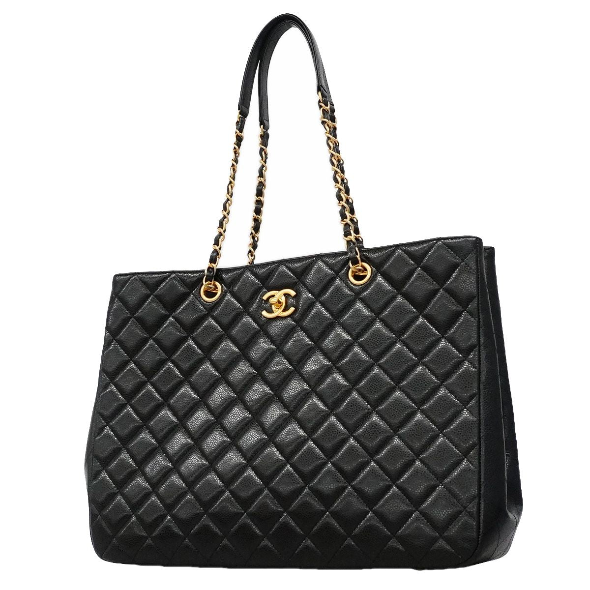 Chanel Chain Tote Bag Quilted Caviar Leather Black Gold