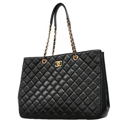 Chanel Chain Tote Bag Quilted Caviar Leather Black Gold