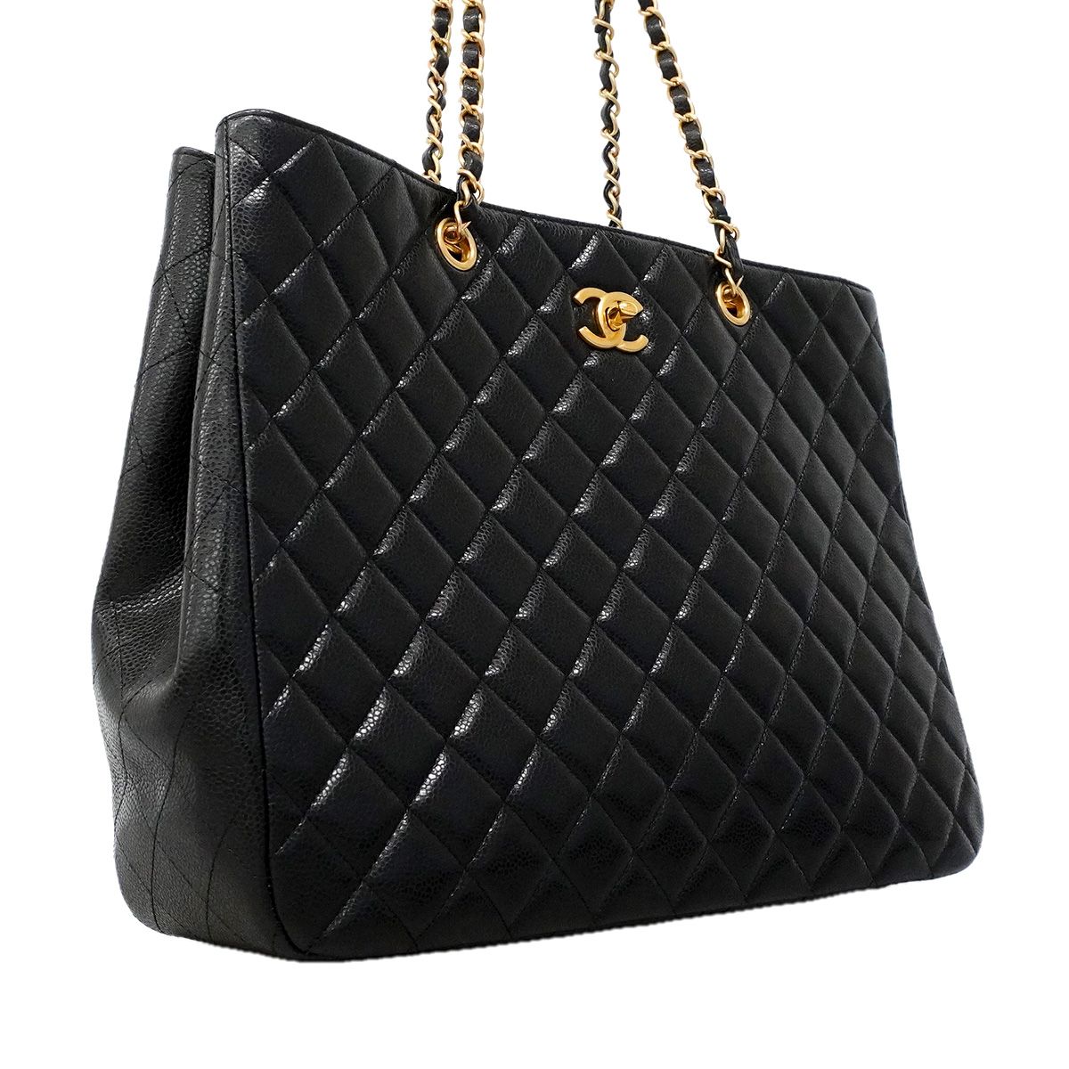 Chanel Chain Tote Bag Quilted Caviar Leather Black Gold — view 2