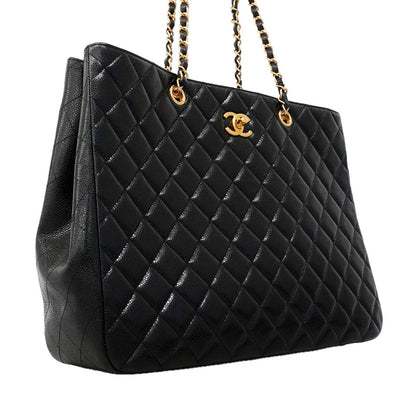 Chanel Chain Tote Bag Quilted Caviar Leather Black Gold — view 2