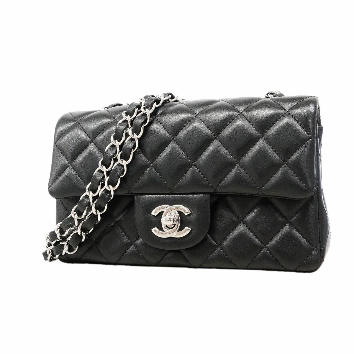 Chanel Shoulder Bag Mini Quilted Lambskin Black Silver
