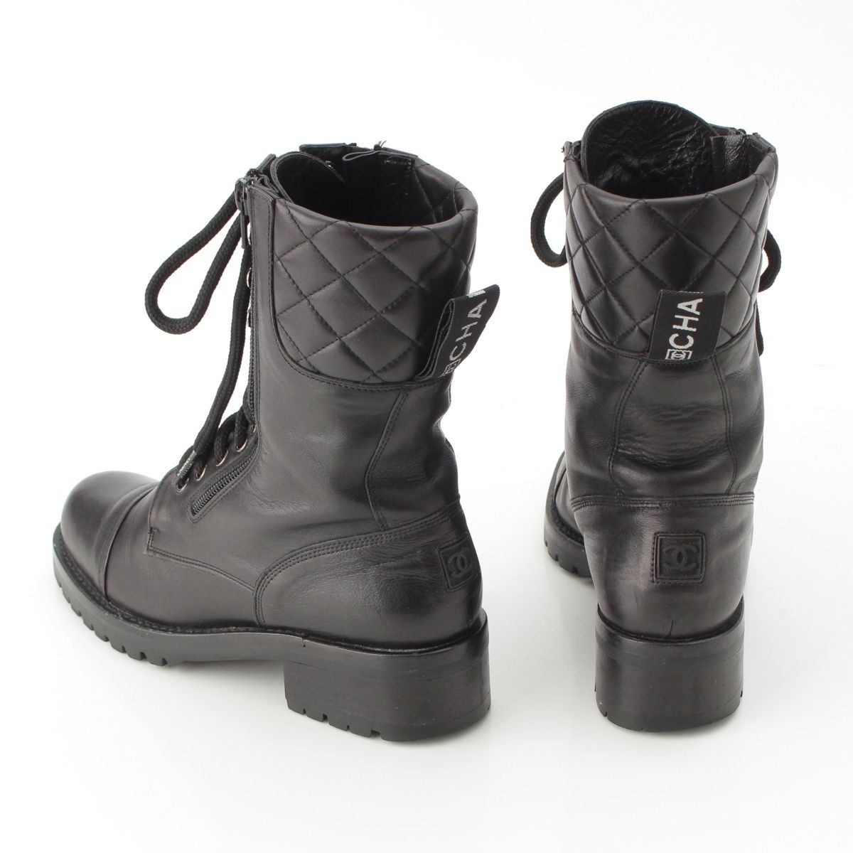 Chanel Sports Quilted Leather Lace-up Boots Shoes Black — view 4