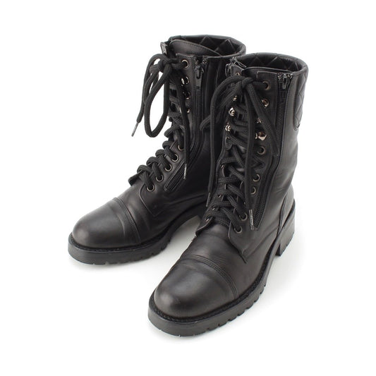Chanel Sports Quilted Leather Lace-up Boots Shoes Black
