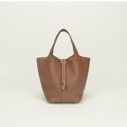 Hermes Picotin Lock PM 18 Tote Bag Taurillon Clemence Gold Brown