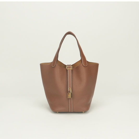 Hermes Picotin Lock PM 18 Tote Bag Taurillon Clemence Gold Brown