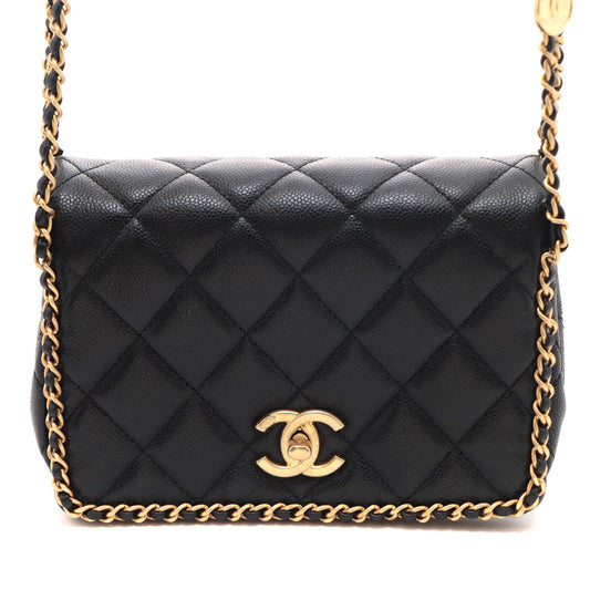 Chanel Quilted Chain Trim Full Flap Shoulder Black Bag Caviar Leather