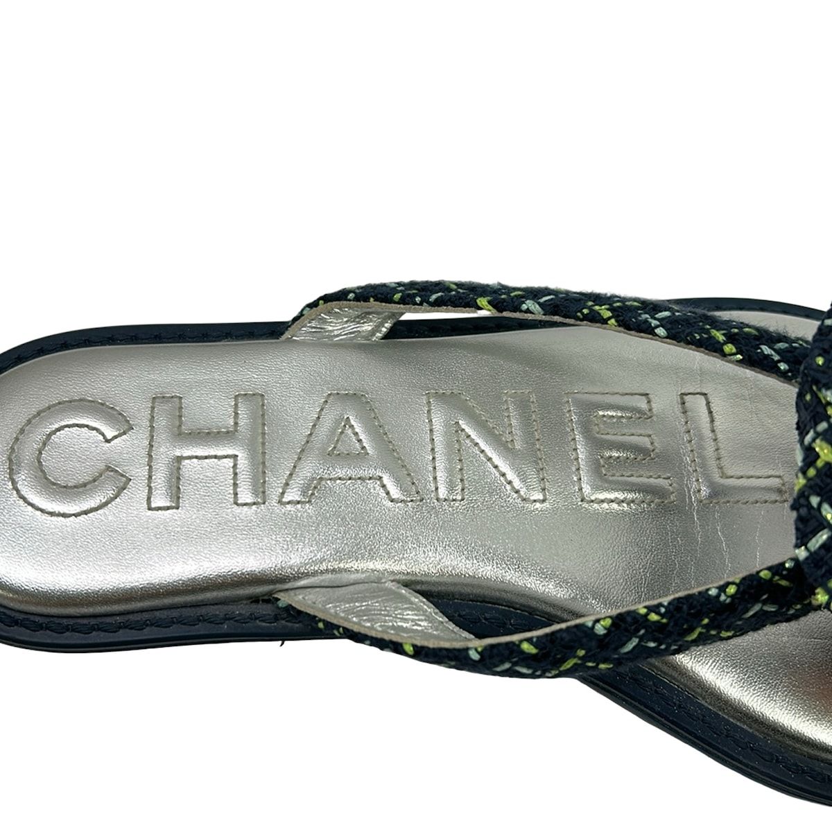 Chanel Sandals Navy Light Green Blue Camellia — view 5