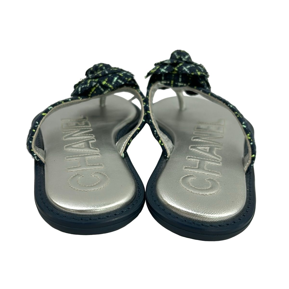 Chanel Sandals Navy Light Green Blue Camellia — view 3
