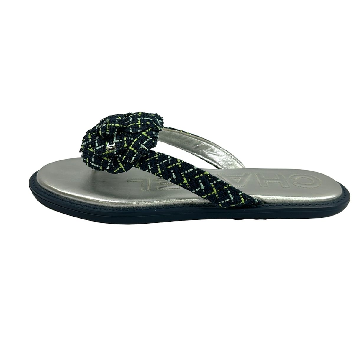 Chanel Sandals Navy Light Green Blue Camellia